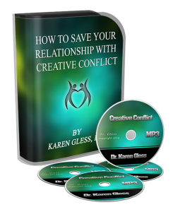 A picture of the box set and CDs of Dr. Karen Gless course How to Save your Relationship with Creative Conflict.